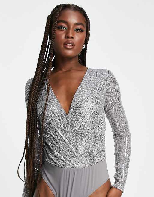 Style Cheat sequin bodysuit in silver