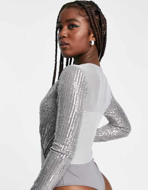 ASOS DESIGN sequin wrap bodysuit in silver