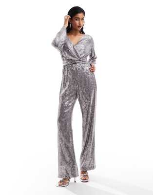 sequin plunge jumpsuit in gunmetal-Silver