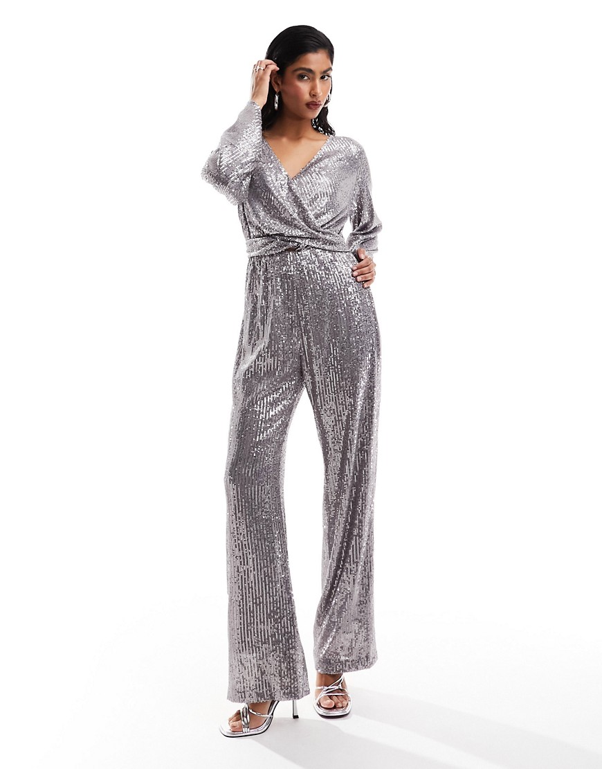 Style Cheat sequin plunge jumpsuit in gunmetal-Silver