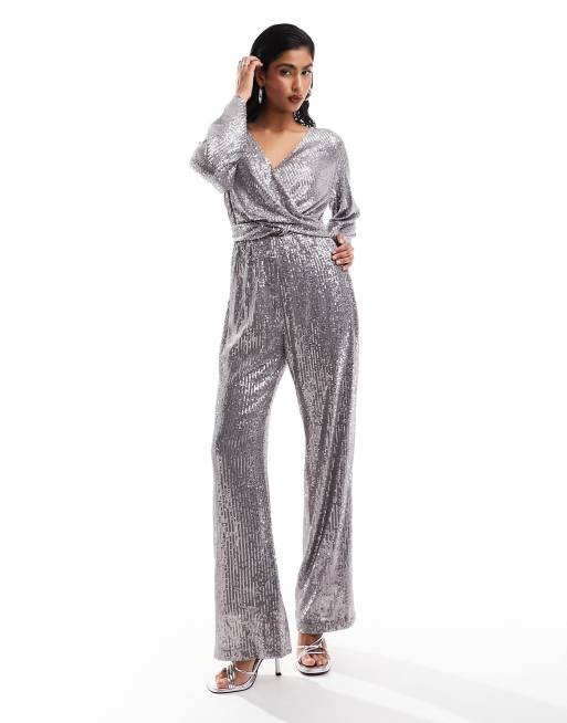 Style Cheat sequin plunge jumpsuit in gunmetal