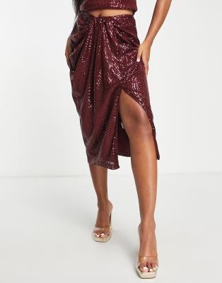 Style Cheat Sequin Wrap Midi Skirt Co-Ord In Plum-Purple