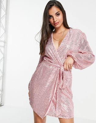 Style Cheat sequin wrap mini dress in dusty pink - ASOS Price Checker