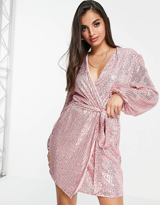 Style Cheat - sequin wrap mini dress in dusty pink