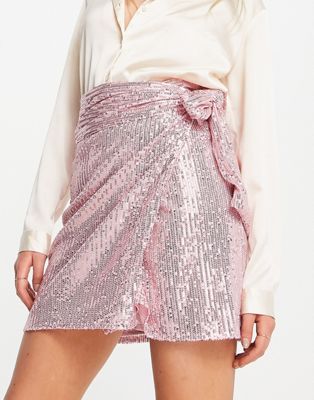 Style Cheat sequin wrap mini skirt co-ord in rose gold