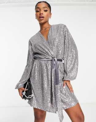 Style Cheat Sequin Wrap Tie Mini Dress In Silver