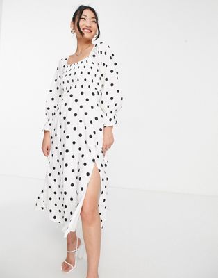 Style Cheat shirred balloon sleeve midi dress in polka dot