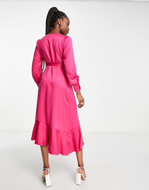 Style Cheat - Slå-om-midikjole med flæser i pink, 4 af 4