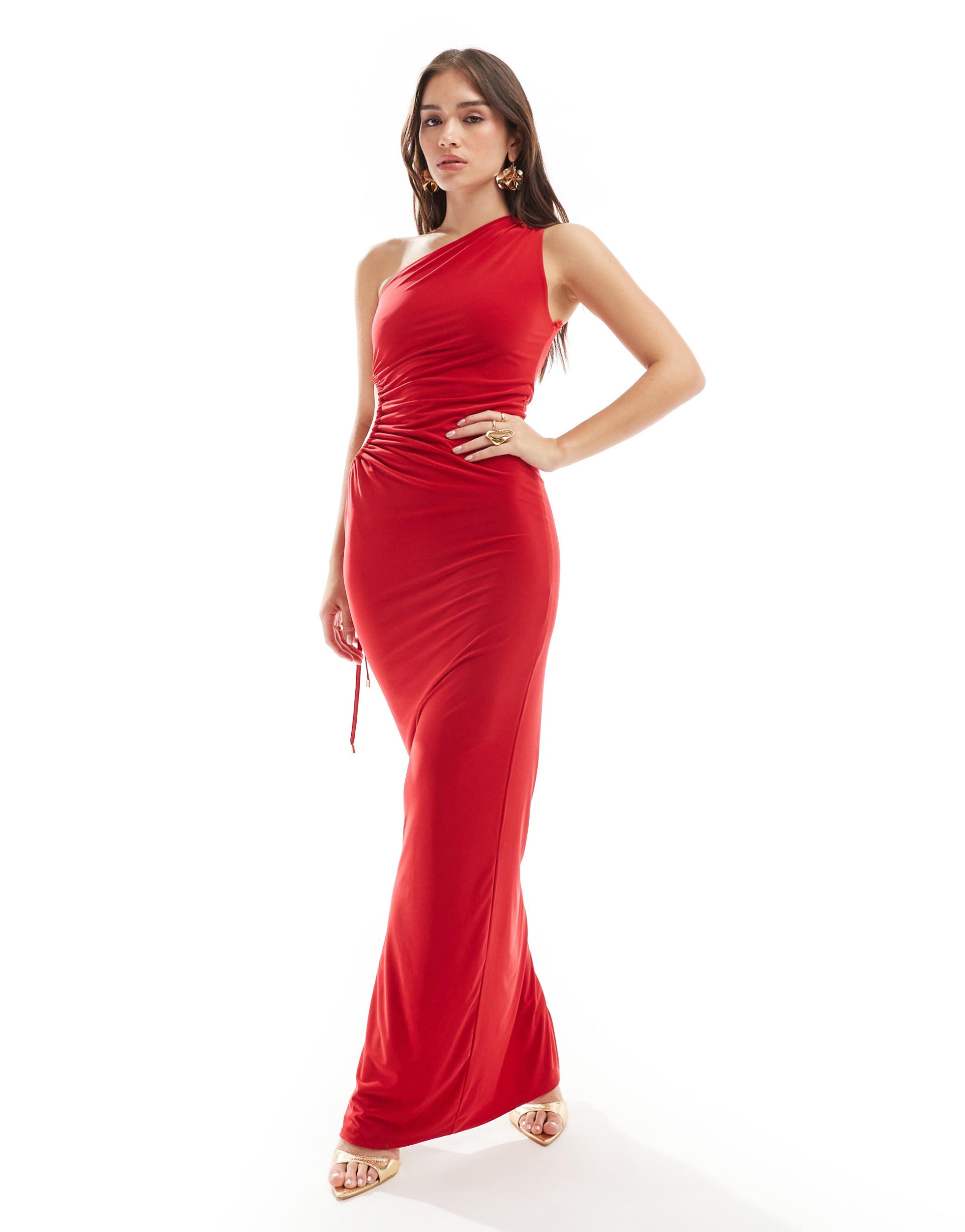 style cheat slinky one-shoulder maxi dress with side cut-out in red