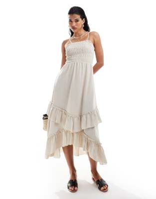 smocked cotton maxi dress with ruffle detail in cream-White