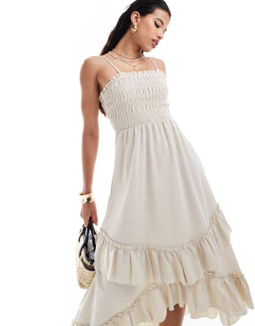 Style Cheat smocked cotton maxi dress with ruffle detail in cream, 3 of 4