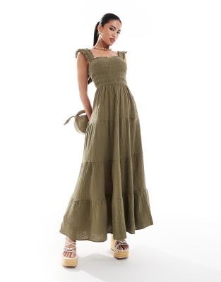 smocked midi dress in khaki-Green