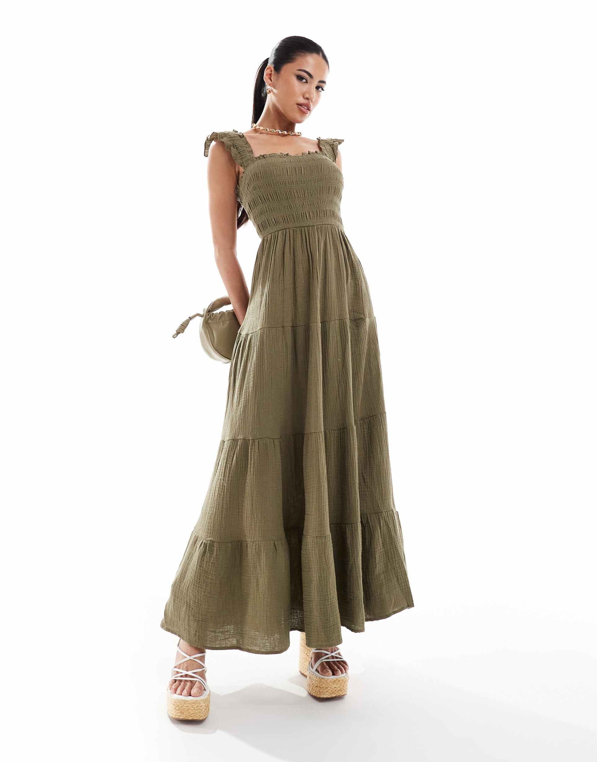 style cheat smocked midi dress in khaki