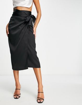 Style Cheat soft satin wrap midi skirt in black