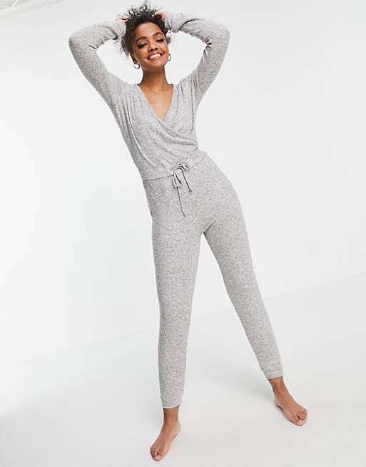 Jumpsuits & Playsuits Style Cheat soft wrap lounge jumpsuit in grey marl 
