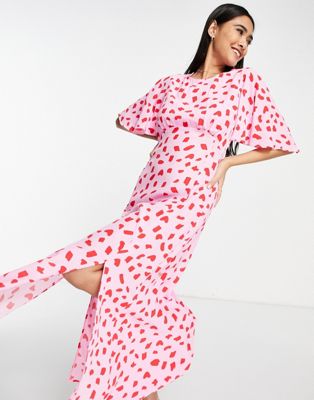 Style Cheat split tea dress in pink abstract spot print
