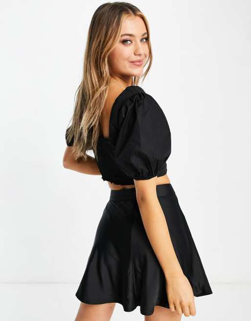 Style Cheat square neck puff sleeve crop top co-ord in black, 2 of 4