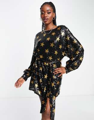 Style Cheat star embellished tie waist mini dress in black-Gold