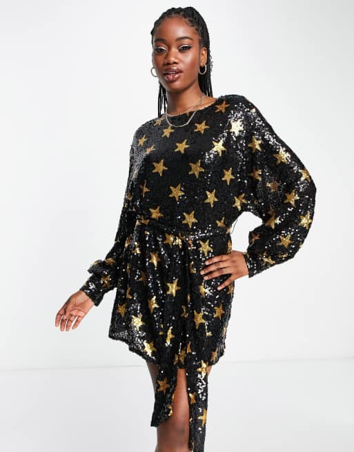 Style Cheat star embellished tie waist mini dress in black