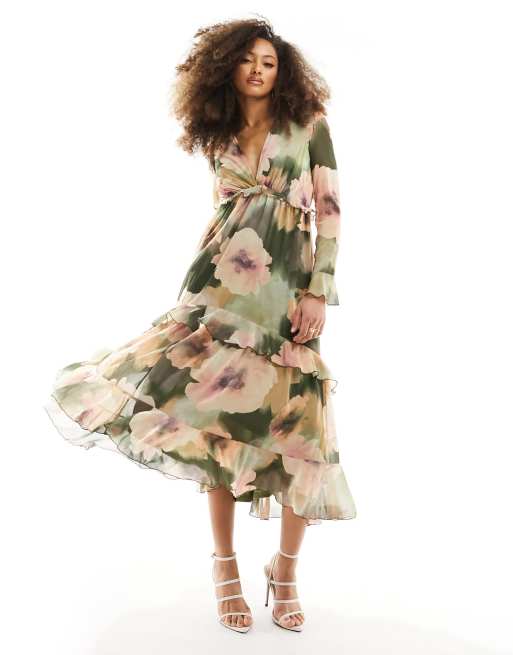 Style Cheat – Sukienka maxi z falbankami w zielony kwiatowy wzór