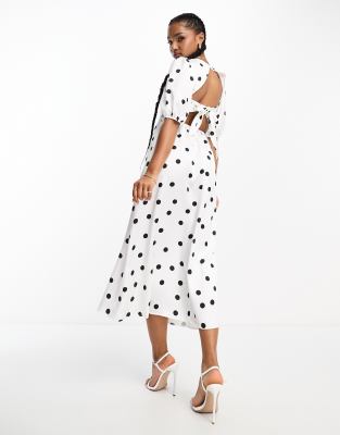 Style Cheat Tie Back Midi Dress In White Polka Dot