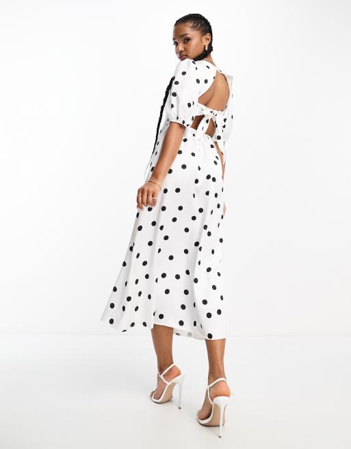 Style Cheat tie back midi dress in white polka dot