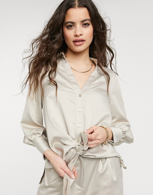 Style Cheat tie front button shirt co-ord in taupe