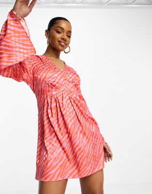 Style Cheat Tie Front Jacquard Mini Dress In Red And Pink Zebra