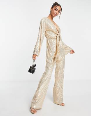 Style Cheat Tie Front Sequin Jumpsuit In Gold