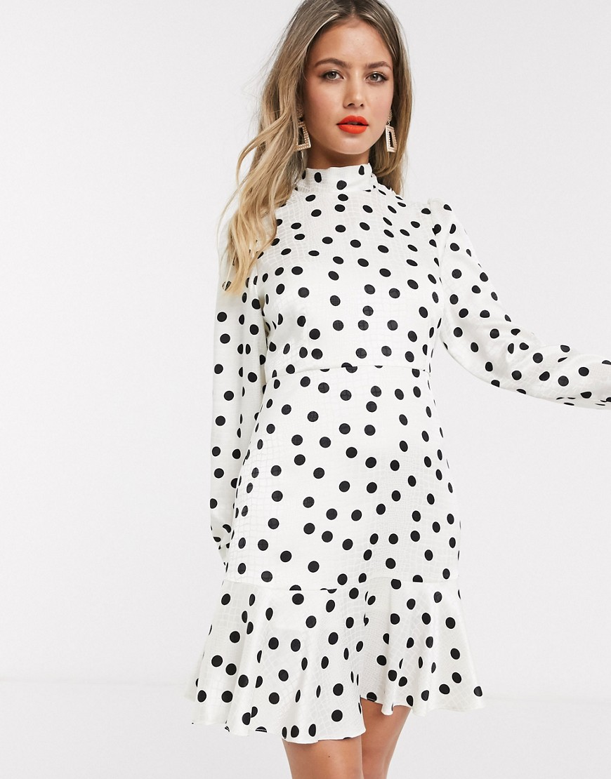 Style Cheat tie neck open back mini skater tea dress in cream polka dot print-Multi