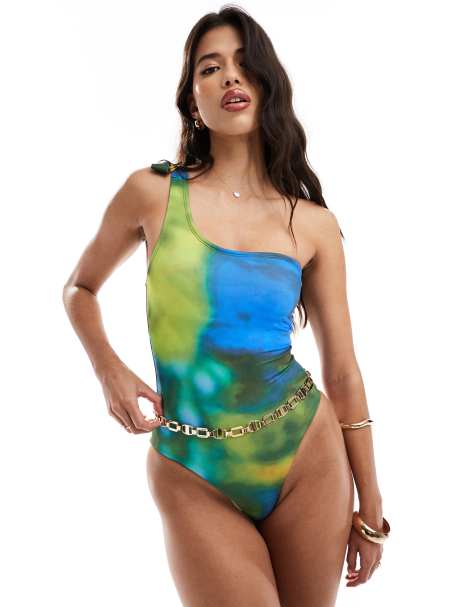 Style Cheat tie one shoulder swimsuit in marble print - view 1