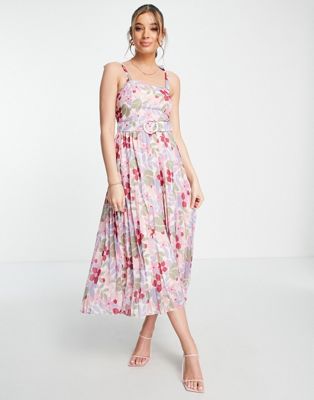Style Cheat tie shoulder belted pleat midi dress in floral