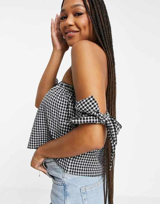 Style Cheat tie shoulder crop top co-ord in mono check print