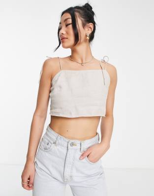 tie shoulder linen cami top in beige - part of a set-Neutral