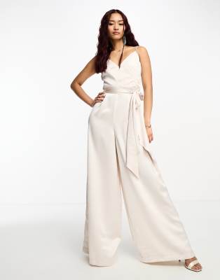 Style Cheat Style Cheat tie waist satin jumpsuit in cream-White