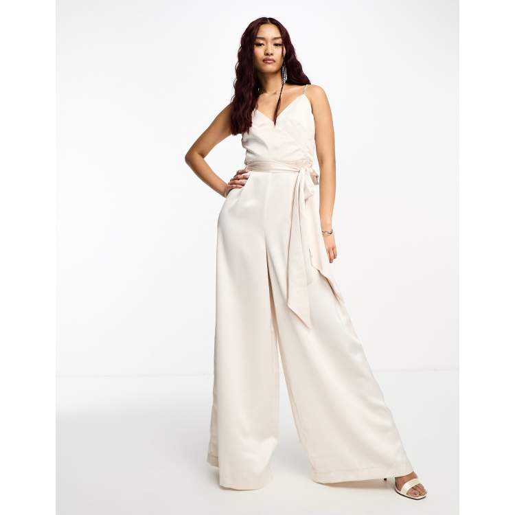 Style Cheat tie waist satin jumpsuit in cream