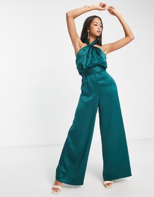 Style Cheat Style Cheat tie waist satin jumpsuit in emerald-Green