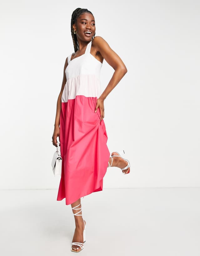 Style Cheat tiered color block midi sundress in pink