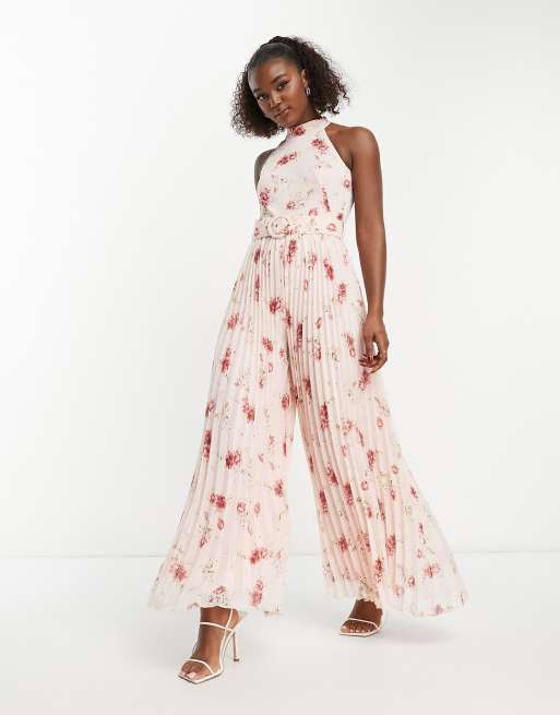 Style Cheat - Tuta jumpsuit accollata con cintura e stampa floreale color albicocca