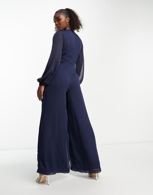 Style Cheat - Tuta jumpsuit blu navy con cut-out e maniche a palloncino