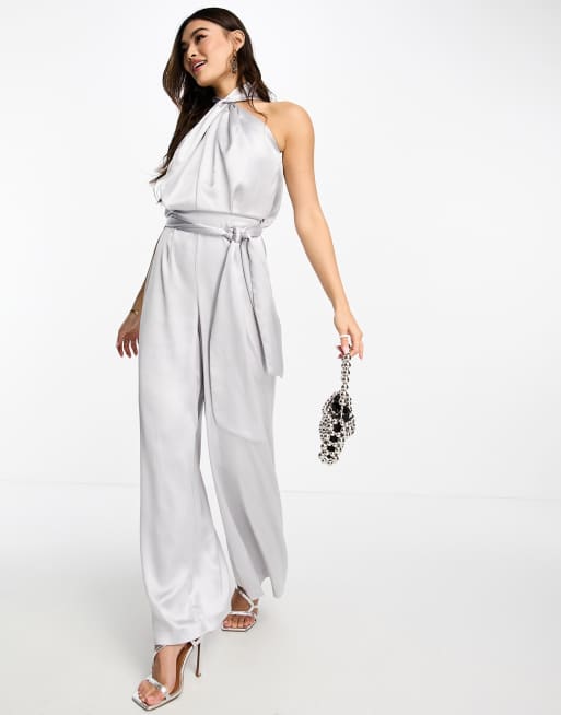 Style Cheat - Tuta jumpsuit in raso argento allacciata in vita