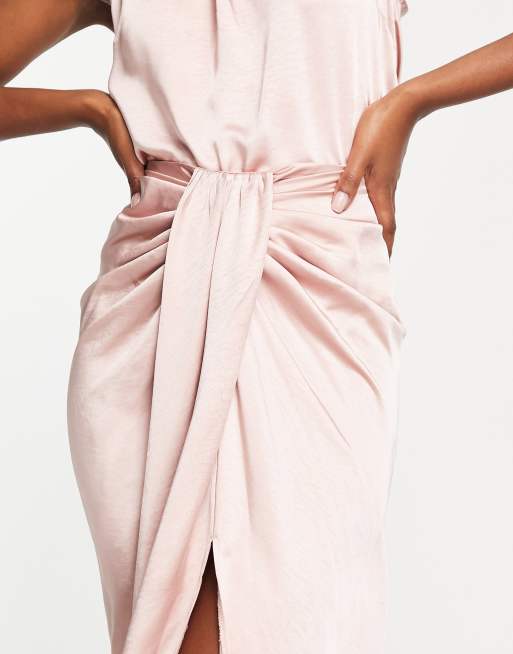 Style Cheat twist front satin midi skirt co-ord in blush, 3 of 4