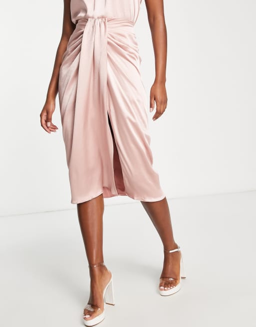 Style Cheat twist front satin midi skirt co-ord in blush, 4 of 4