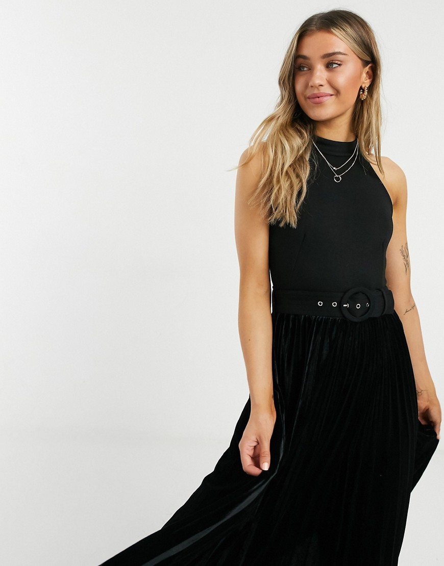 Style Cheat velvet pleated skirt maxi dress with belt in black