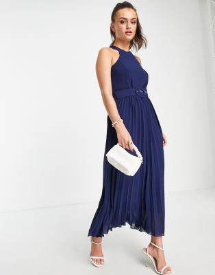 Vestito accollato a pieghe con gonna al polpaccio blu navy - Style Cheat  donna Blu navy - immagine1