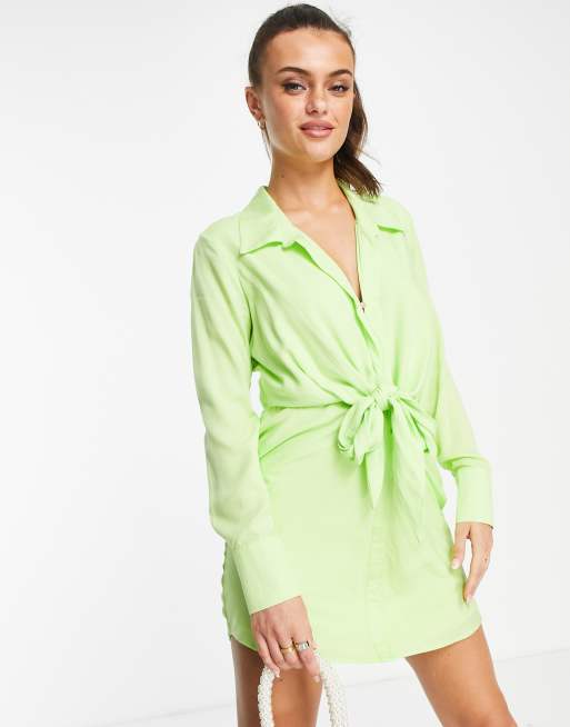 Style Cheat - Vestito camicia corto verde lime con nodo sul davanti