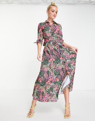 Vestito camicia longuette a fiori misti con cintura-Multicolore - Style Cheat  donna Multicolore - immagine1