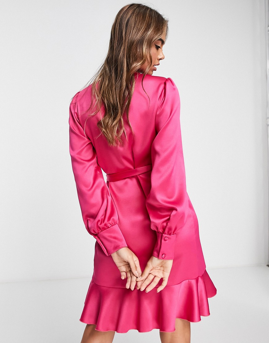 Vestito corto avvolgente con volant in raso rosa acceso - Style Cheat  donna Rosa - immagine1