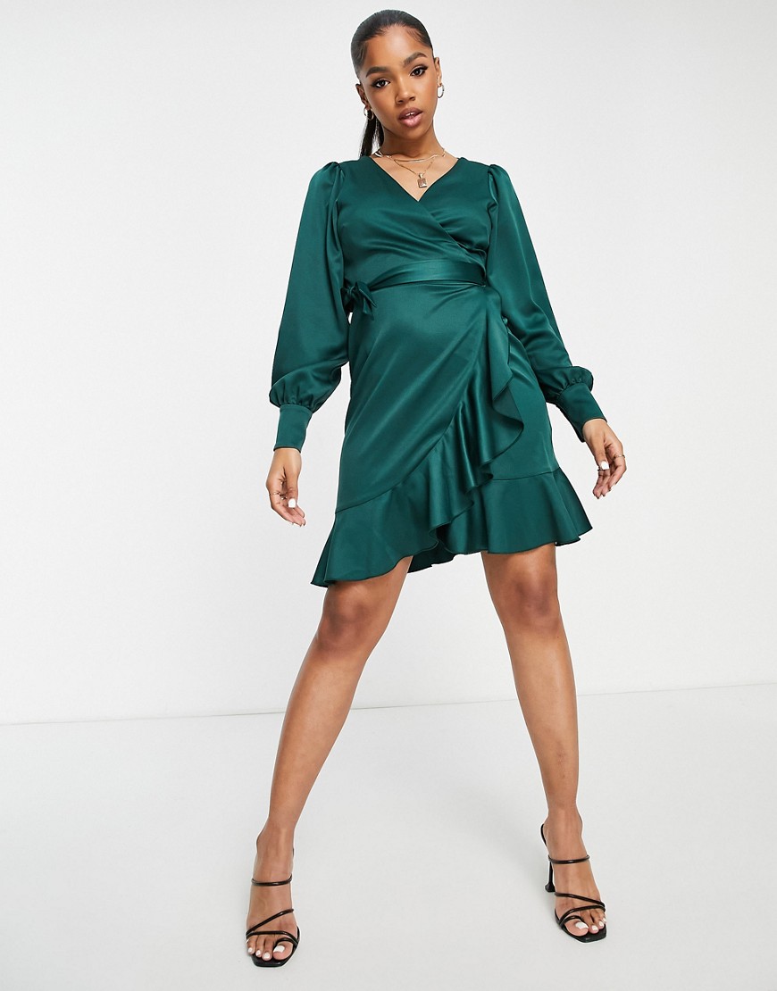 Vestito corto avvolgente in raso smeraldo-Verde - Style Cheat  donna Verde - immagine2