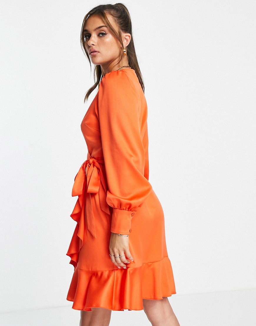 Vestito corto in raso color mandarino a portafoglio con volant-Arancione - Style Cheat  donna Arancione - immagine3